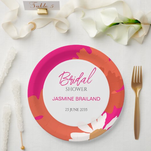 Abstrakte Blütenbrücke in Pink und Orange Daisy Pappteller (Hochzeit)