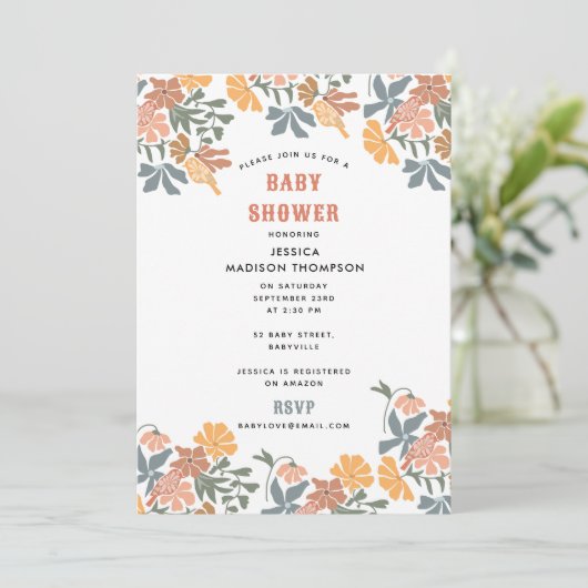 Abstrakte Blütendusche & Birds Mitte Jahrhundert Einladung (Stehend Vorderseite)