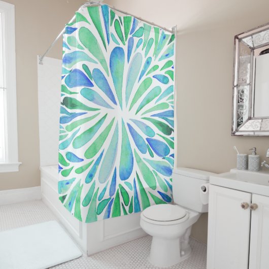 Abstrakte Blütenfarbe Wasser Burst Aqua und Blau Duschvorhang (Beispiel)