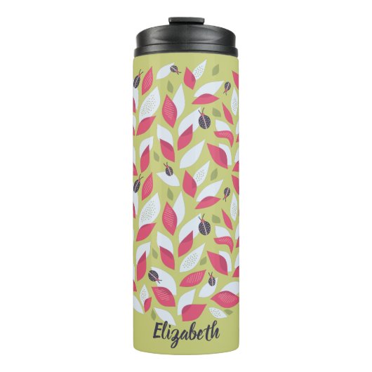Abstrakte botanische Rosa Blätter Ladybugs Spring Thermosbecher (Vorderseite)