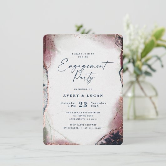 Abstrakte "Burgund & Navy Blue Engagement Party" Einladung (Stehend Vorderseite)