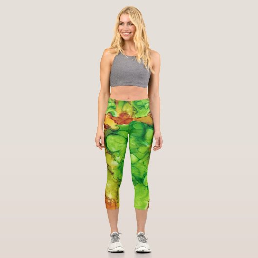 Abstrakte Capri-Leggings grün und gelb Capri Leggings (Vorderseite)