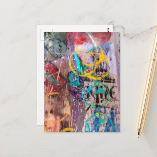 abstrakte Collage Kreise und Wörter Postkarte (Vorderseite/Rückseite Beispiel)