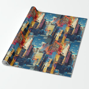 Abstrakte Cyberpunk-Stadtlandschaft-Skyline (4) Geschenkpapier
