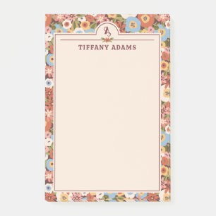 Abstrakte Ditsy-Blumen Retro-Monogramm-Name Post-it Klebezettel