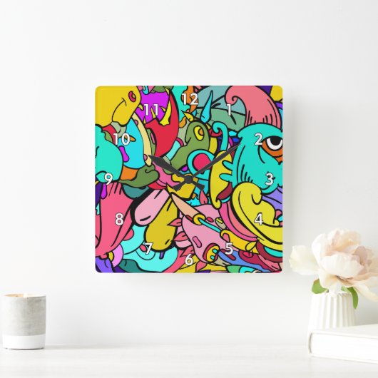 Abstrakte Doodle Art Quadratische Wanduhr (Zuhause)
