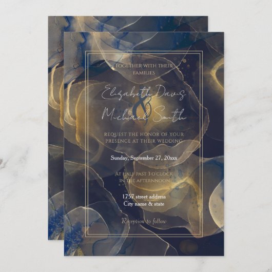 Abstrakte dunkelblaue Flüssig-Kunstmalerei Einladung (Vorne/Hinten)