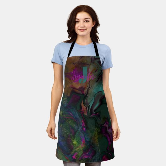 Abstrakte dunkelfarbene flüssige Farbe Name und Mo Schürze (Getragen)