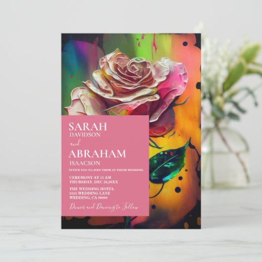 Abstrakte Einladung zu einer Hochzeit in Pink Rose (Stehend Vorderseite)