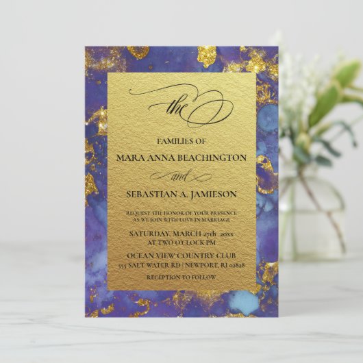*~* Abstrakte, einzigartige Blue Gold Glitzer Hoch Einladung (Stehend Vorderseite)