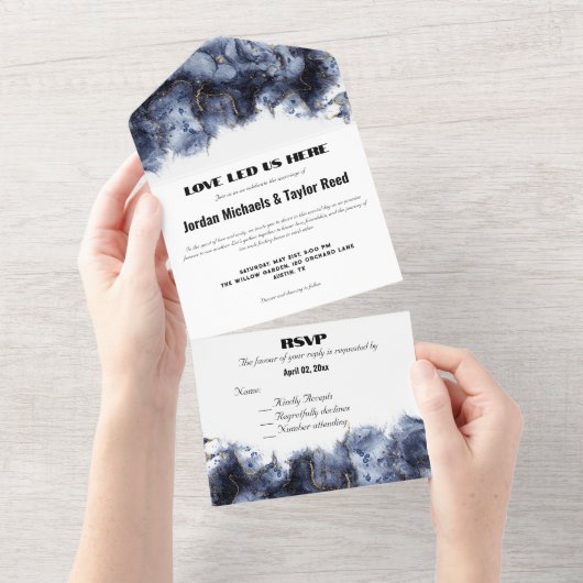 Abstrakte Elegance LGBTQ Deep Blue Gold Marmor All In One Einladung (Abreißen)