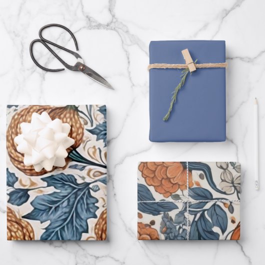 Abstrakte elegante Herbstkürbis dustige blaue Blät Geschenkpapier Set (Vorderseite)