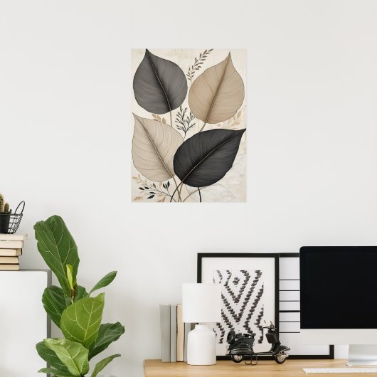 Abstrakte erdgeschwungene Blätter neutral botanisc Poster (Heimbüro)