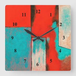 Abstrakte Expressionist-Kunst, die roten Türkis Quadratische Wanduhr
