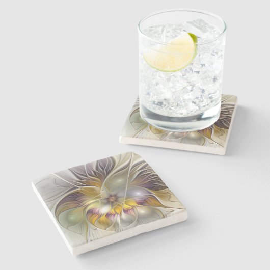 Abstrakte Fantasy-Blume Modernes Fraktal Steinuntersetzer (Seitenansicht)