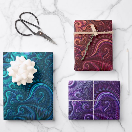 Abstrakte Farbenfrohe Blaue Rote Violette Spirale Geschenkpapier Set (Vorderseite)