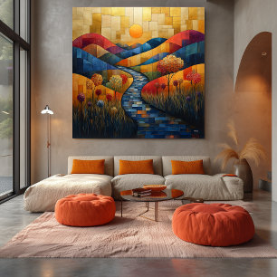 Abstrakte farbenfrohe Landschaft mit Fluss und Leb Leinwanddruck