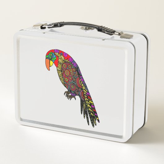 Abstrakte farbenfrohe Papageien in gelb-grün Metall Brotdose (Rückseite)