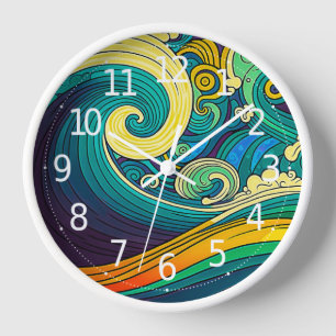 Abstrakte farbenfrohe Retro-70er-Jahre-Hippie-Well Uhr