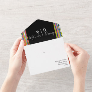 Abstrakte farbenfrohe schwarze Schrift All In One Einladung