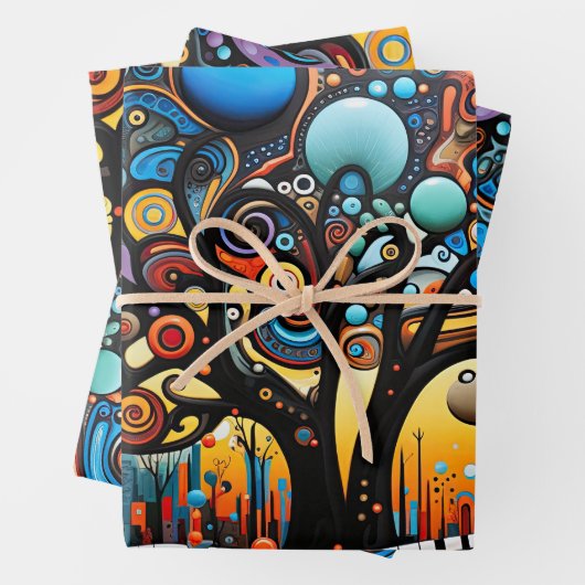 Abstrakte Farbenfrohe, wirbelnde Baumlandschaft Geschenkpapier Set (Beispiel)