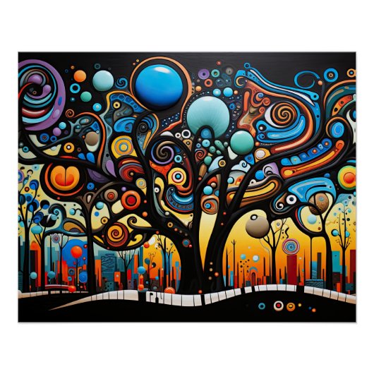 Abstrakte Farbenfrohe, wirbelnde Baumlandschaft Poster (Vorderseite)