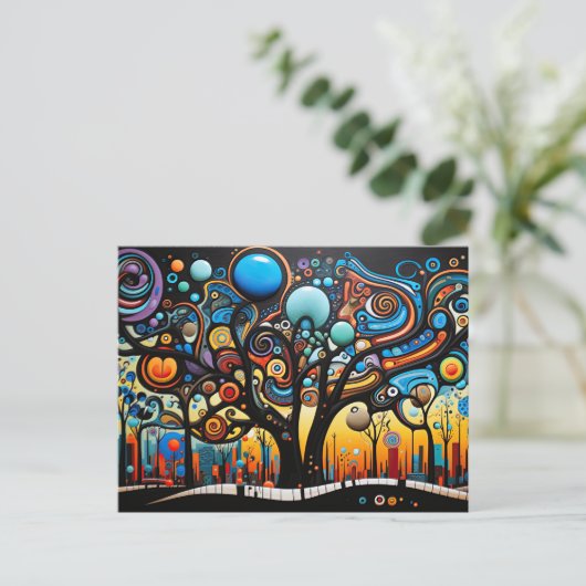 Abstrakte Farbenfrohe, wirbelnde Baumlandschaft Postkarte (Stehend Vorderseite)