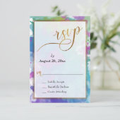 Abstrakte farbige Paint-Spritzer - Gold-Script RSVP Karte (Stehend Vorderseite)