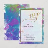 Abstrakte farbige Paint-Spritzer - Gold-Script RSVP Karte (Vorne/Hinten)