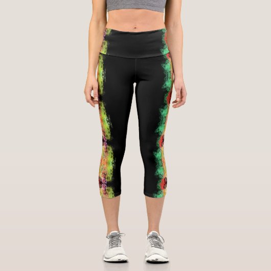 abstrakte Farbspritze Blumendesign auf schwarz Capri Leggings (Vorderseite)