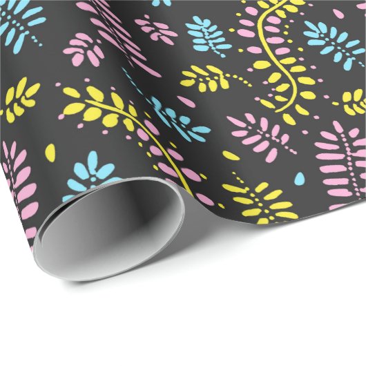 Abstrakte Ferne-gelb, rosa und blau auf dunkelgrau Geschenkpapier (Rolleneckpunkt)