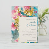 Abstrakte fette rosa blaue Wasserfarbe Blumenzehen Einladung (Stehend Vorderseite)