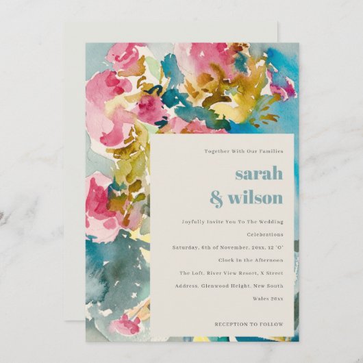 Abstrakte fette rosa blaue Wasserfarbe Blumenzehen Einladung (Vorne/Hinten)