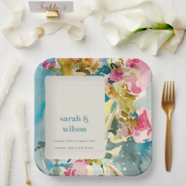 Abstrakte fette rosa blaue Wasserfarbe Blumenzehen Pappteller