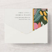 Abstrakte fette tropische botanische Hochzeit All In One Einladung (Rückseite)