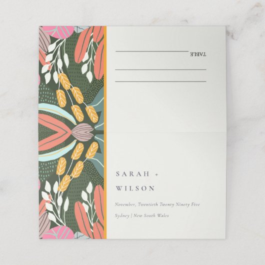 Abstrakte fette tropische botanische Hochzeit Platzkarte (Außenseite Aufgefaltet)