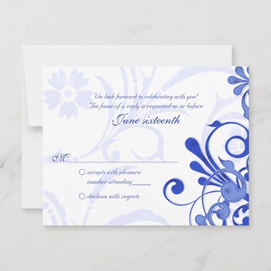 Abstrakte Flora-Response-Karte Blau RSVP Karte (Vorderseite)