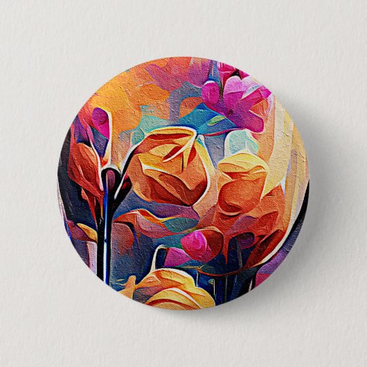 Abstrakte florale Kunst Orange Red Blue Blumen Button (Vorderseite)