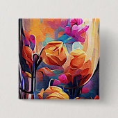Abstrakte florale Kunst Orange Red Blue Blumen Button (Vorderseite)