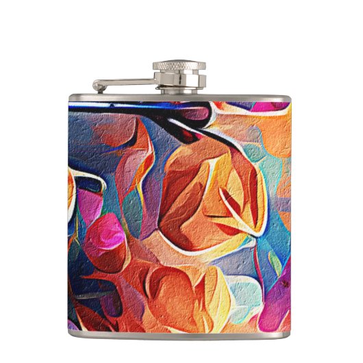 Abstrakte florale Kunst Orange Red Blue Blumen Flachmann (Vorderseite)
