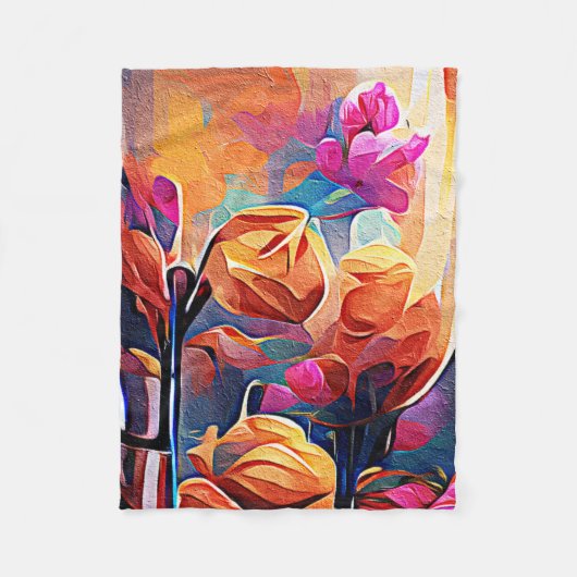 Abstrakte florale Kunst Orange Red Blue Blumen Fleecedecke (Vorderseite)