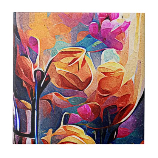 Abstrakte florale Kunst Orange Red Blue Blumen Fliese (Vorderseite)
