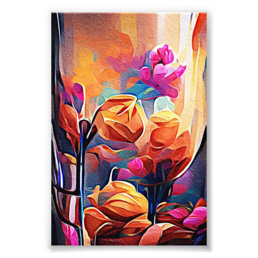 Abstrakte florale Kunst Orange Red Blue Blumen Fotodruck (Vorne)