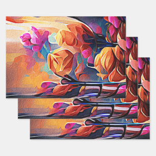 Abstrakte florale Kunst Orange Red Blue Blumen Geschenkpapier Set