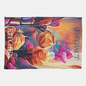 Abstrakte florale Kunst Orange Red Blue Blumen Geschirrtuch (Horizontal)