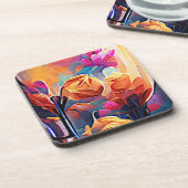 Abstrakte florale Kunst Orange Red Blue Blumen Getränkeuntersetzer (Linke Seite)