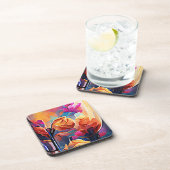 Abstrakte florale Kunst Orange Red Blue Blumen Getränkeuntersetzer (Rechte Seite)