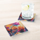 Abstrakte florale Kunst Orange Red Blue Blumen Glasuntersetzer (Schrägansicht)