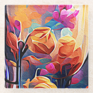 Abstrakte florale Kunst Orange Red Blue Blumen Glasuntersetzer