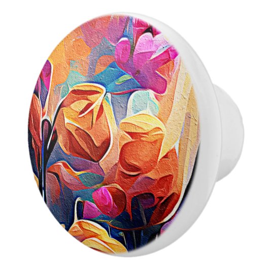 Abstrakte florale Kunst Orange Red Blue Blumen Keramikknauf (Rechts)